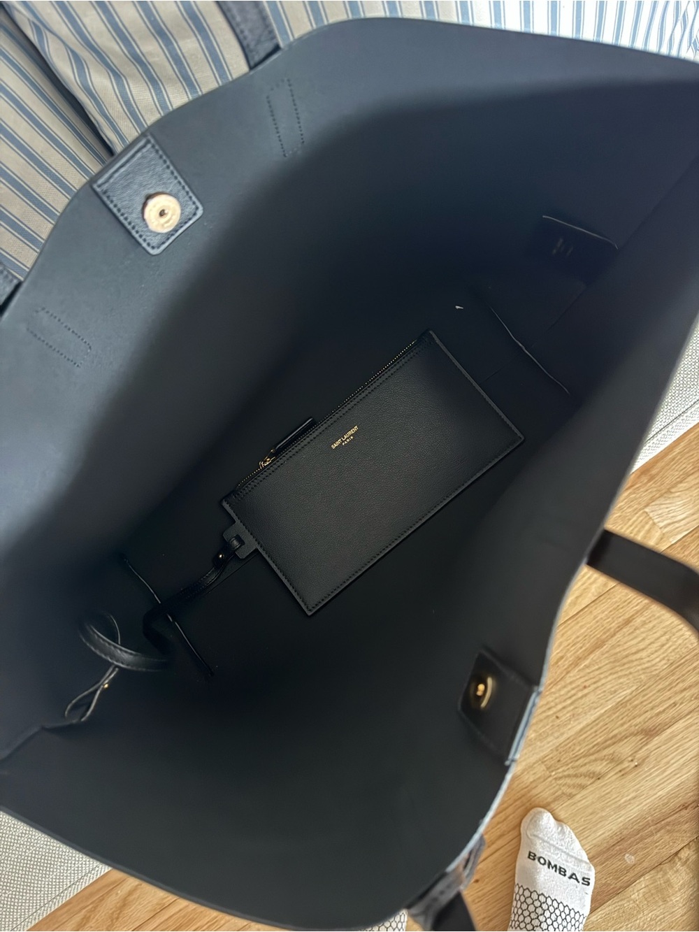 Saint Laurent Black Leather Tote with Gold Logo Accent - Picture 6 of 9